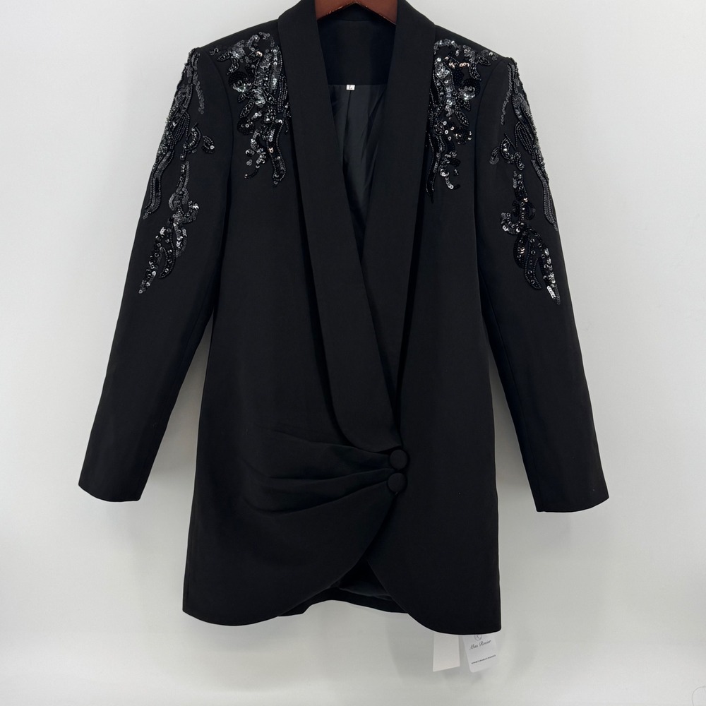 Miss Rosier Women Black Sequin Beaded Embellished Blazer Dress Size L New